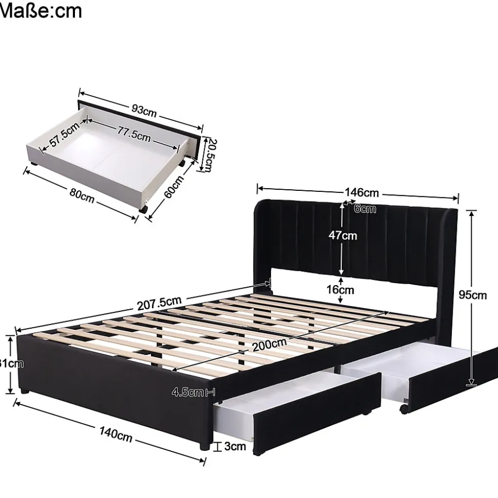 Lit avec Rangements 140x200, Lit Double Capitonné avec 2 Tiroirs, Velours Noir