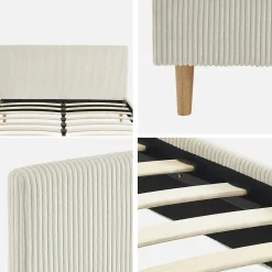 Lit avec sommier à lattes et tête de lit. L 202 x P 148 x H 89cm. blanc. finition velours côtelé (grosse côte)