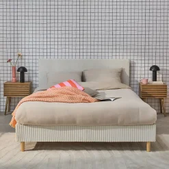 Lit avec sommier à lattes et tête de lit. L 202 x P 148 x H 89cm. blanc. finition velours côtelé (grosse côte)