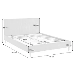 Lit avec sommier à lattes et tête de lit. L 202 x P 148 x H 89cm. gris. finition velours côtelé (grosse côte)