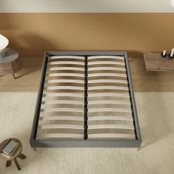 Lit avec sommier lattes en bois - 140x190 cm - Tissu Gris - Pieds en bois