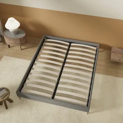 Lit avec sommier lattes en bois - 140x190 cm - Tissu Gris - Pieds en bois