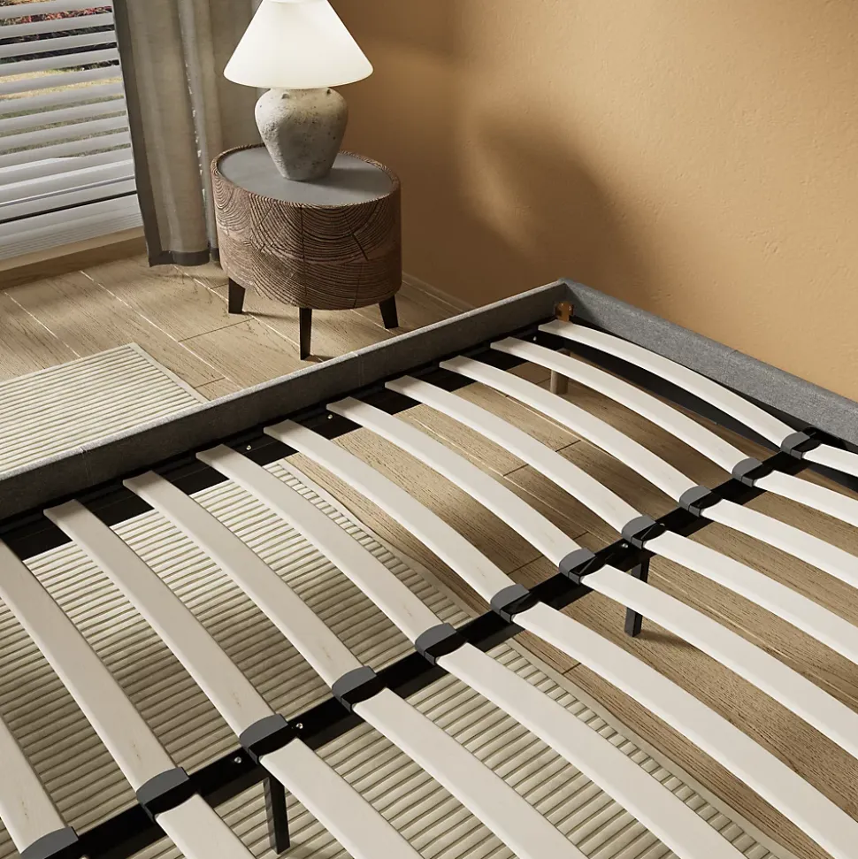 Lit avec sommier lattes en bois - 160x200 cm - Tissu Gris - Pieds en bois