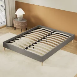 Lit avec sommier lattes en bois - 160x200 cm - Tissu Gris - Pieds en bois
