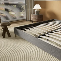 Lit avec sommier lattes en bois - 160x200 cm - Tissu Gris - Pieds en bois