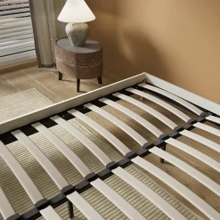 Lit avec sommier lattes en bois - 140x200 cm - Tissu Blanc - Pieds en bois