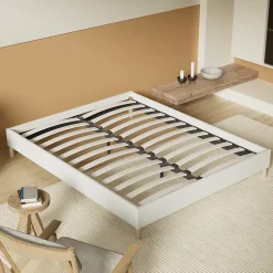 Lit avec sommier lattes en bois - 160x200 cm - Tissu Blanc - Pieds en bois