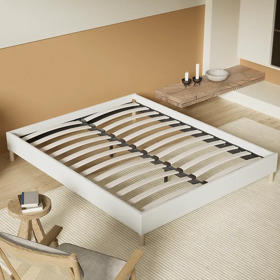 Lit avec sommier lattes en bois - 160x200 cm - Tissu Blanc - Pieds en bois