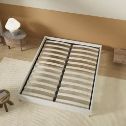 Lit avec sommier lattes en bois - 160x200 cm - Tissu Blanc - Pieds en bois