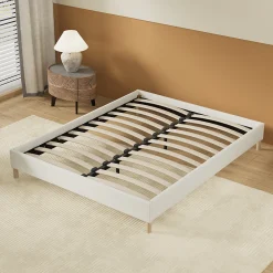 Lit avec sommier lattes en bois - 140x190 cm - Tissu Blanc - Pieds en bois