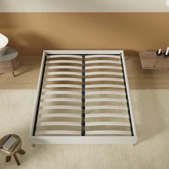 Lit avec sommier lattes en bois - 140x190 cm - Tissu Blanc - Pieds en bois