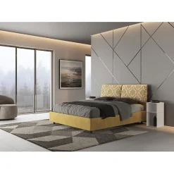 Lit avec sommier rembourré 160x210 en tissu Agata 3 jaune Mados