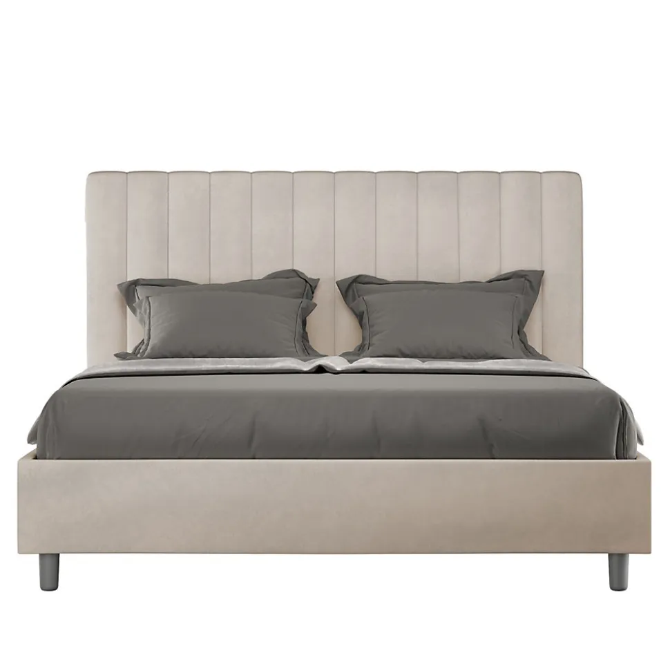 Lit avec sommier rembourré 160x200 Agueda sable microfibre