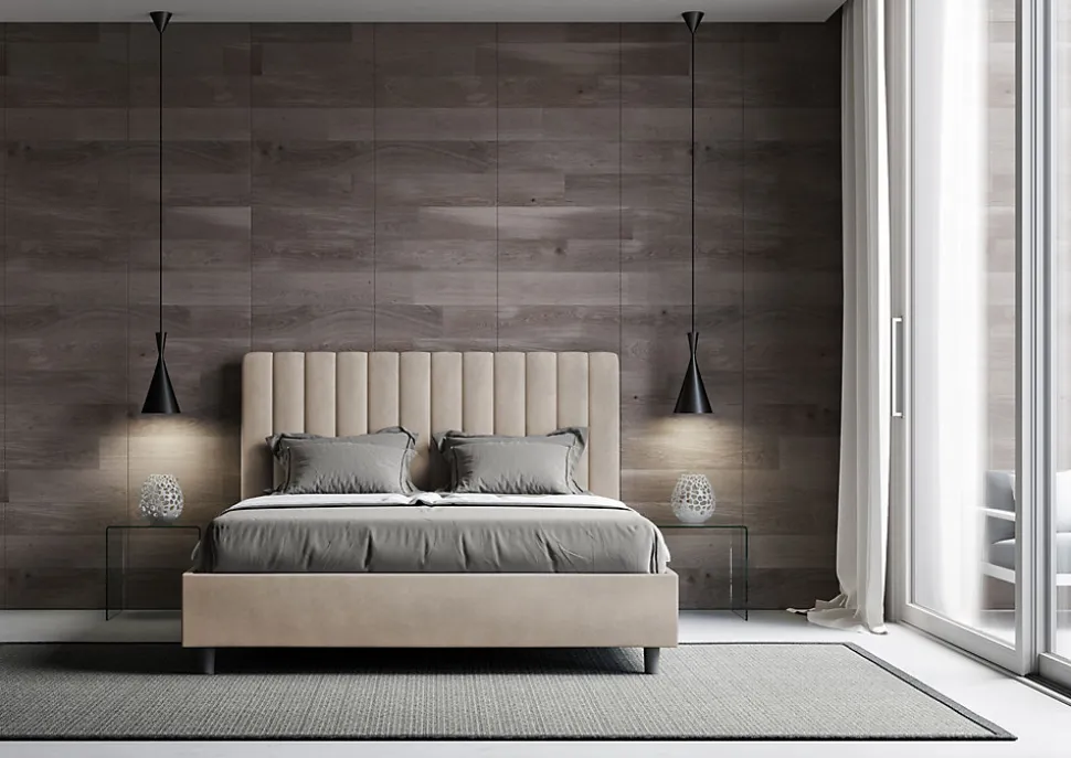 Lit avec sommier rembourré 160x200 Agueda sable microfibre