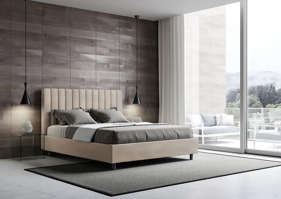 Lit avec sommier rembourré 160x200 Agueda sable microfibre