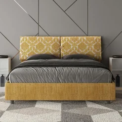 Lit avec sommier rembourré 160x200 en tissu Agata 3 jaune Mados