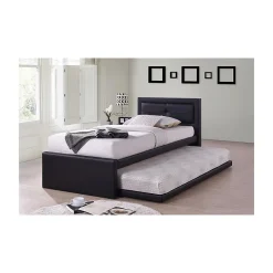 Lit avec tiroir-lit RODAN 90x200 cm en simili cuir coloris noir, sommier inclus.