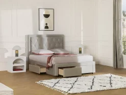 Lit avec tiroirs 180 x 200 cm - Tissu velours - Beige + Matelas - LEOPOLD