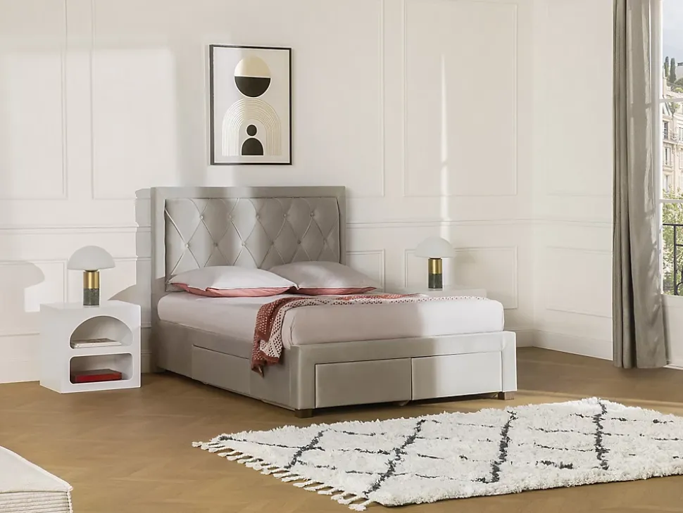 Lit avec tiroirs 180 x 200 cm - Tissu velours - Beige - LEOPOLD