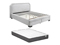 Lit avec tiroirs 140 x 190 cm - Tissu - Gris clair + Matelas - INASTO