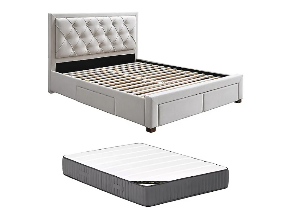 Lit avec tiroirs 160 x 200 cm - Tissu - Beige + Matelas - LEOPOLD