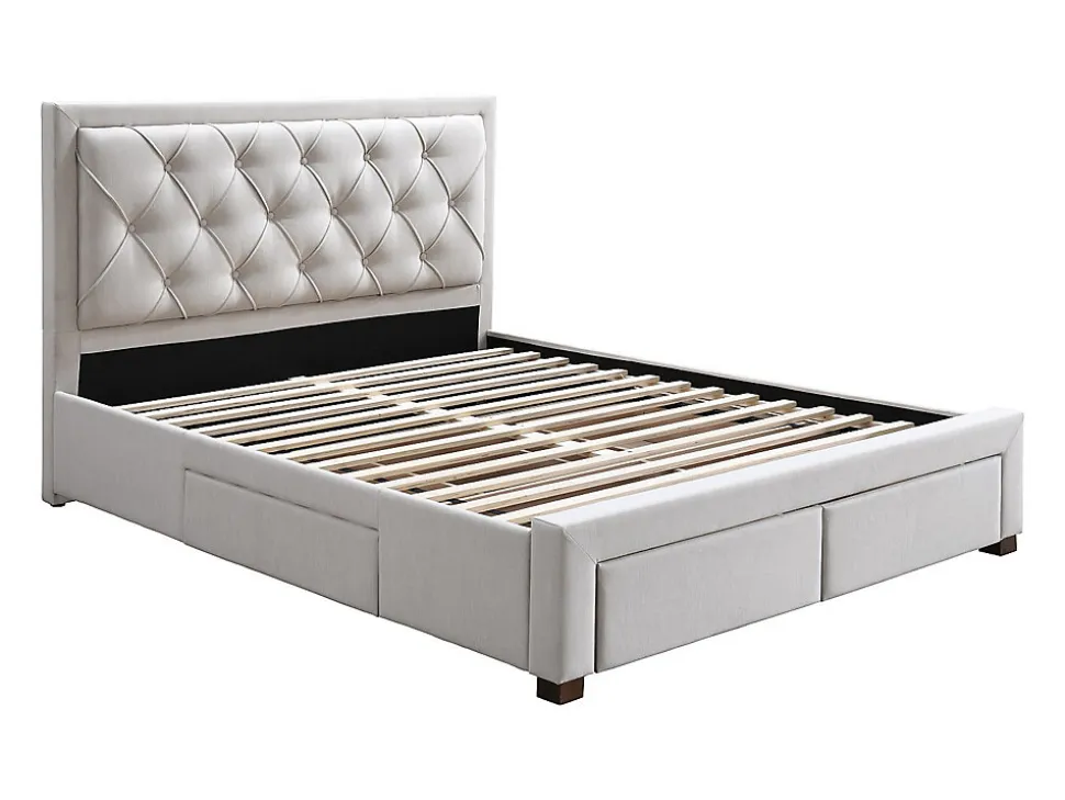 Lit avec tiroirs 160 x 200 cm - Tissu - Beige + Matelas - LEOPOLD