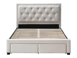 Lit avec tiroirs 160 x 200 cm - Tissu - Beige + Matelas - LEOPOLD