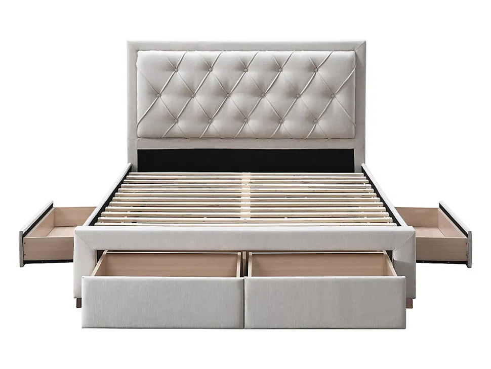 Lit avec tiroirs 160 x 200 cm - Tissu - Beige + Matelas - LEOPOLD