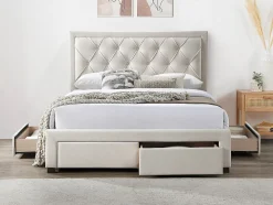 Lit avec tiroirs 160 x 200 cm - Tissu - Beige + Matelas - LEOPOLD