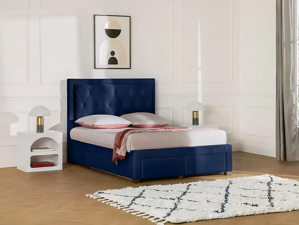 Lit avec tiroirs 160 x 200 cm - Tissu velours bleu + Matelas - LEOPOLD