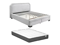 Lit avec tiroirs 160 x 200 cm - Tissu - Gris clair + Matelas - INASTO