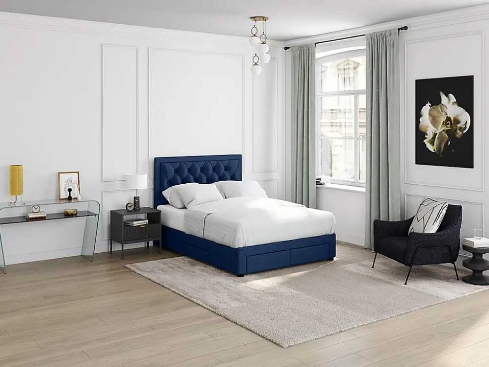 Lit avec tiroirs 160 x 200 cm - Tissu velours bleu - LEOPOLD