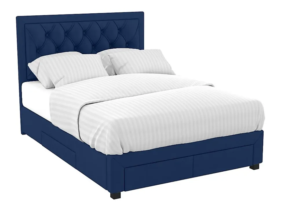 Lit avec tiroirs 160 x 200 cm - Tissu velours bleu - LEOPOLD