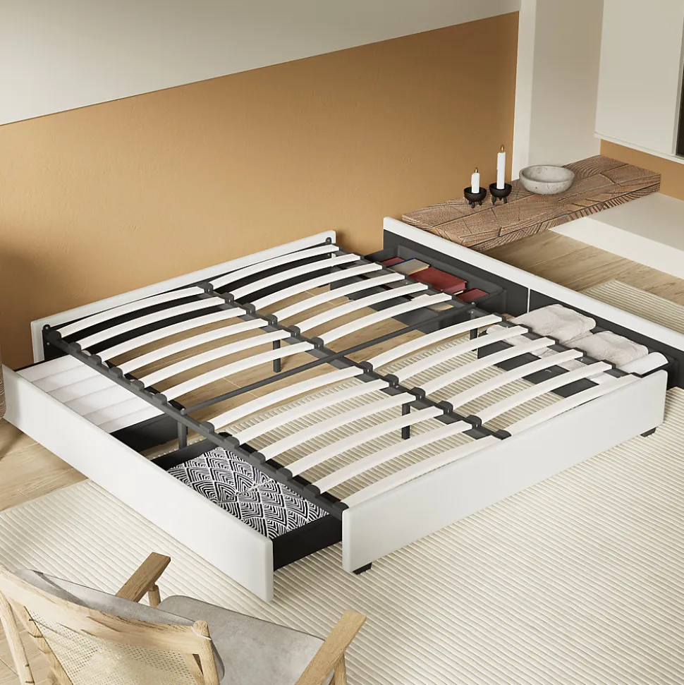 Lit avec tiroirs 140 x 190 cm, Sommier à lattes en bois, Cadre en tissu blanc