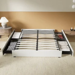Lit avec tiroirs 140 x 190 cm, Sommier à lattes en bois, Cadre en tissu blanc