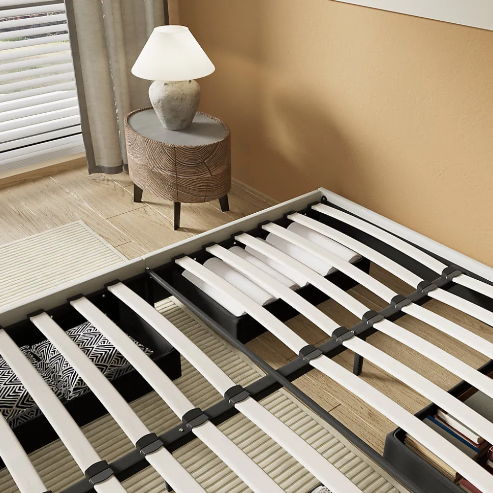 Lit avec tiroirs 140 x 190 cm, Sommier à lattes en bois, Cadre en tissu blanc