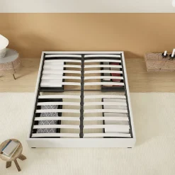 Lit avec tiroirs 140 x 190 cm, Sommier à lattes en bois, Cadre en tissu blanc