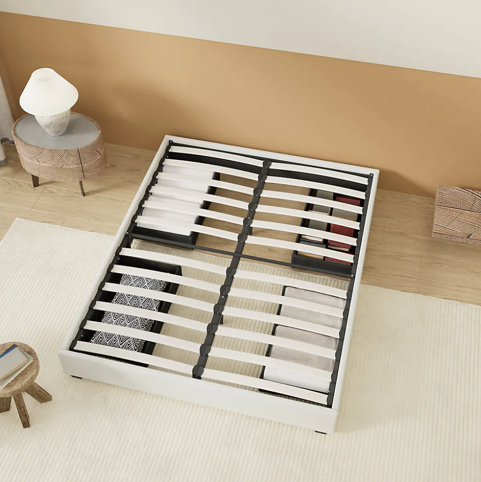 Lit avec tiroirs 140 x 190 cm, Sommier à lattes en bois, Cadre en tissu blanc