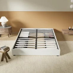 Lit avec tiroirs 140 x 200 cm, Sommier à lattes en bois, Cadre en tissu blanc