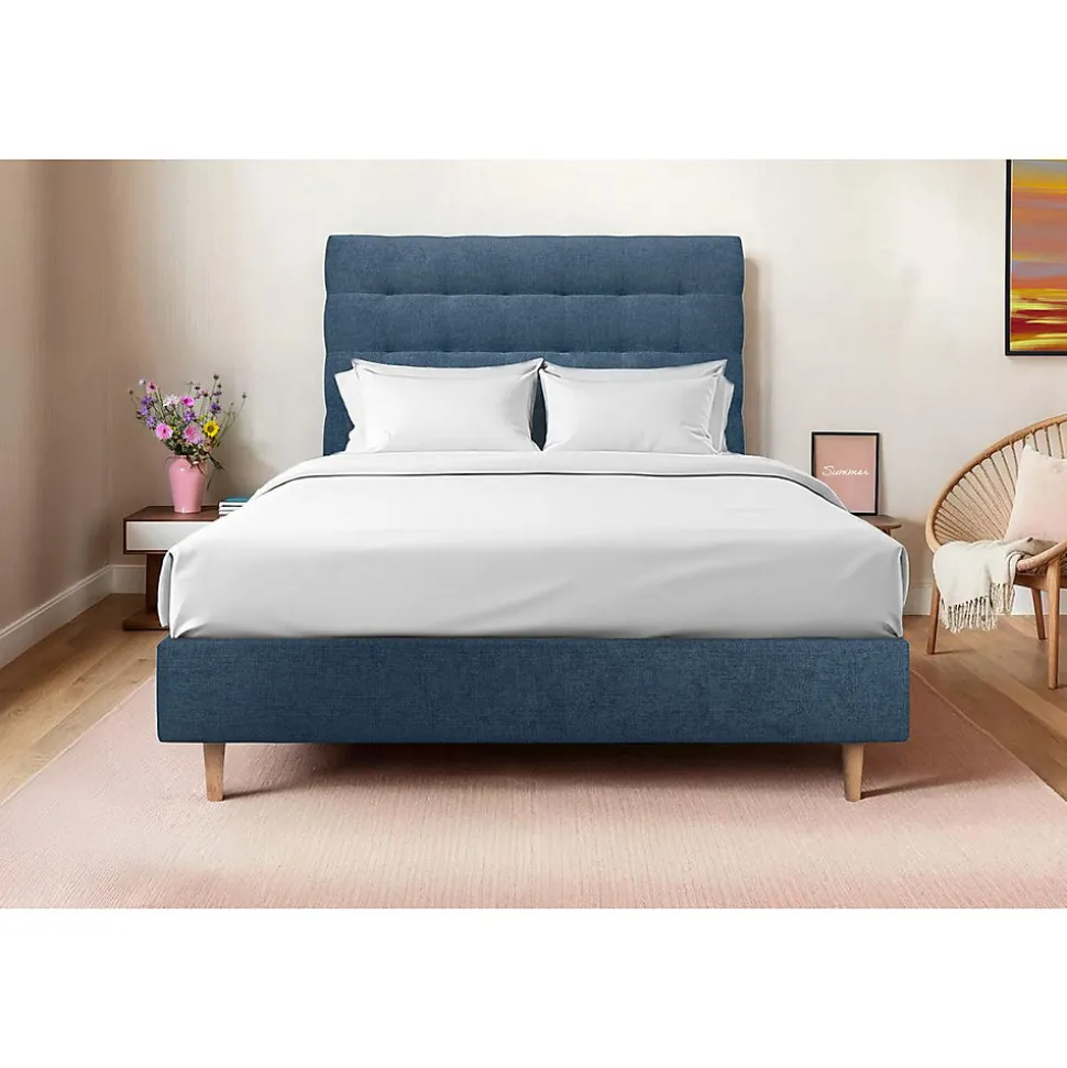 Lit avec tête de lit capitonnée tissu et sommier tapissier - Lit en bois massif