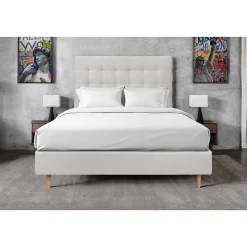 Lit avec tête de lit capitonnée velours et sommier - Lit en bois massif