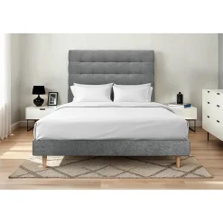 Lit avec tête de lit capitonnée tissu et sommier kit - Lit en bois massif