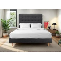 Lit avec tête de lit capitonnée tissu et sommier kit - Lit en bois massif