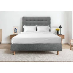 Lit avec tête de lit capitonnée tissu et sommier tapissier - Lit en bois massif