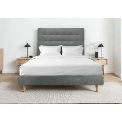 Lit avec tête de lit capitonnée tissu et sommier tapissier - Lit en bois massif