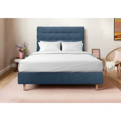 Lit avec tête de lit capitonnée tissu et sommier tapissier - Lit en bois massif