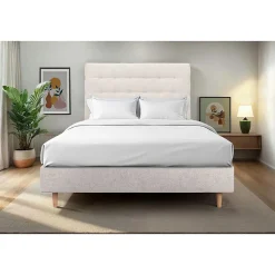 Lit avec tête de lit capitonnée tissu et sommier tapissier - Lit en bois massif