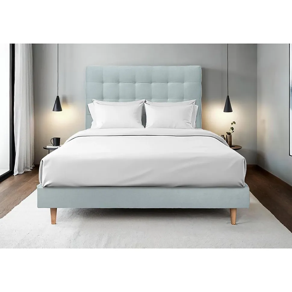 Lit avec tête de lit capitonnée velours et sommier kit - Lit en bois massif