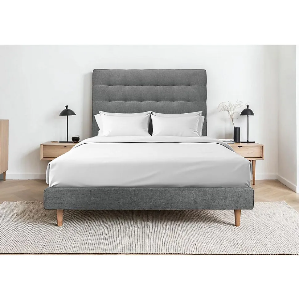 Lit avec tête de lit capitonnée tissu et sommier tapissier - Lit en bois massif