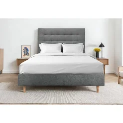 Lit avec tête de lit capitonnée tissu et sommier tapissier - Lit en bois massif